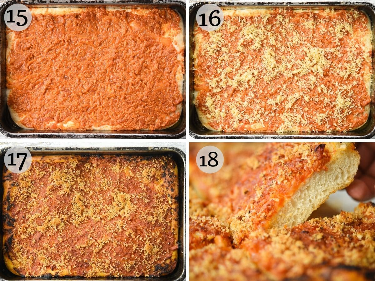 Step by step photos showing how to top the pizza with sauce