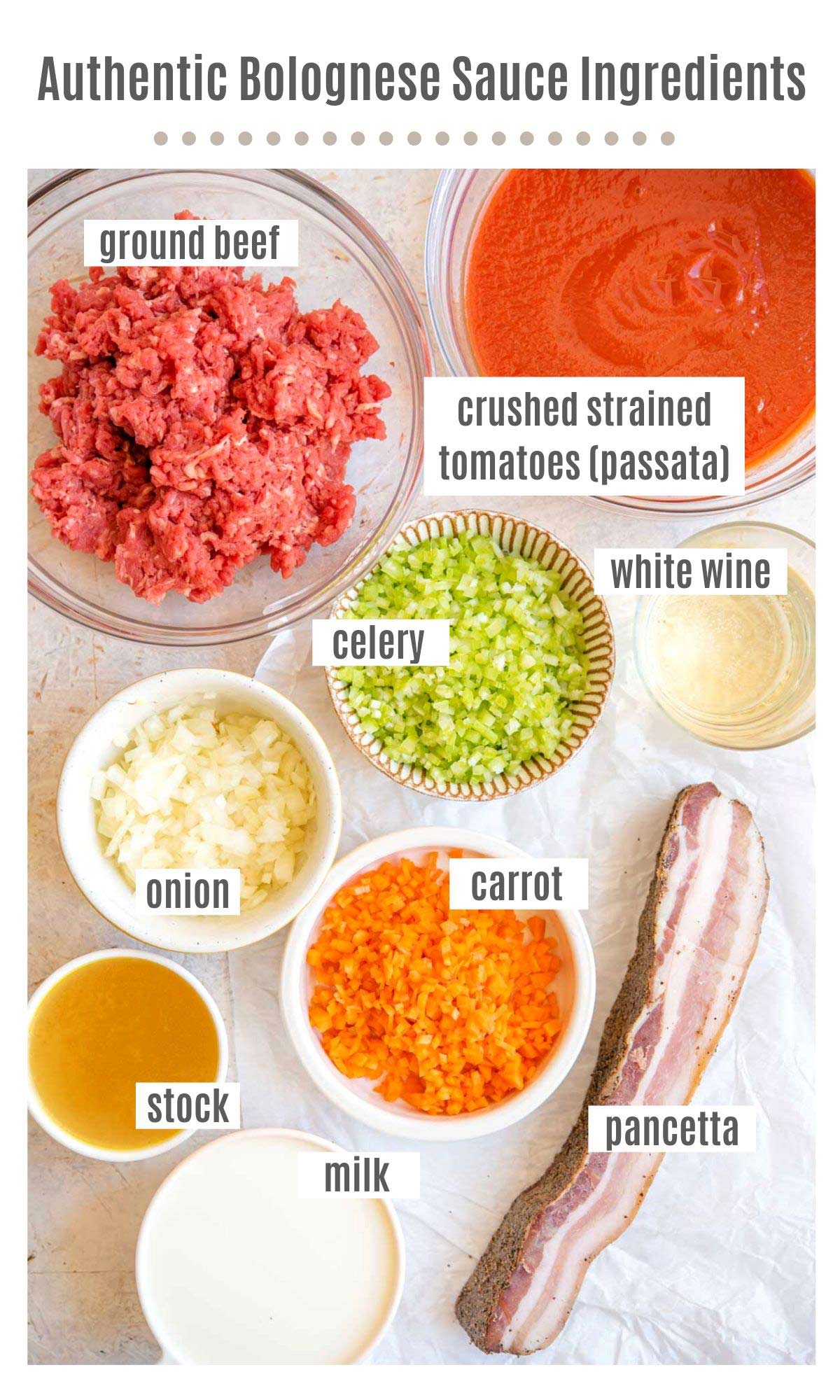 An overhead shot showing all the ingredients needed to make Authentic Bolognese Ragu.