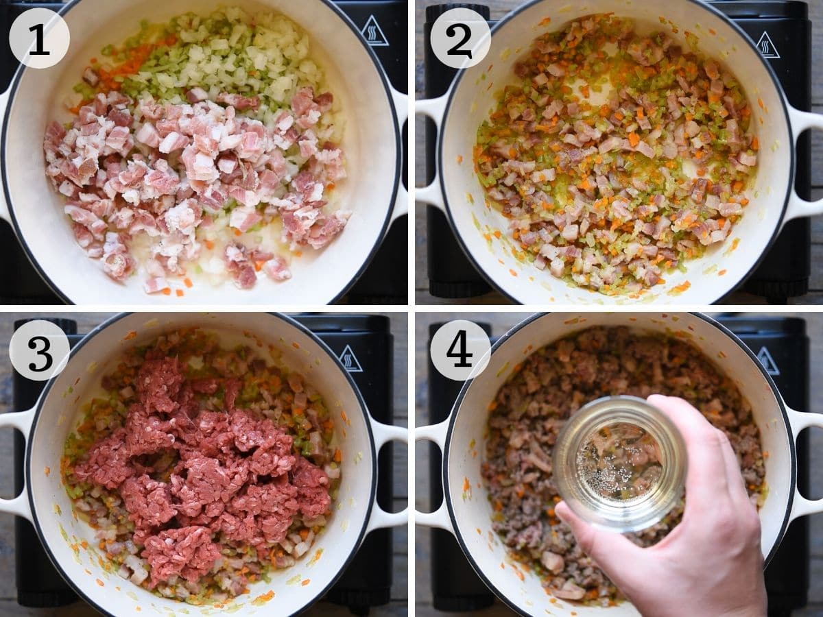 Four photos in a collage showing how to brown beef, pancetta and vegetables to make Bolognese sauce.