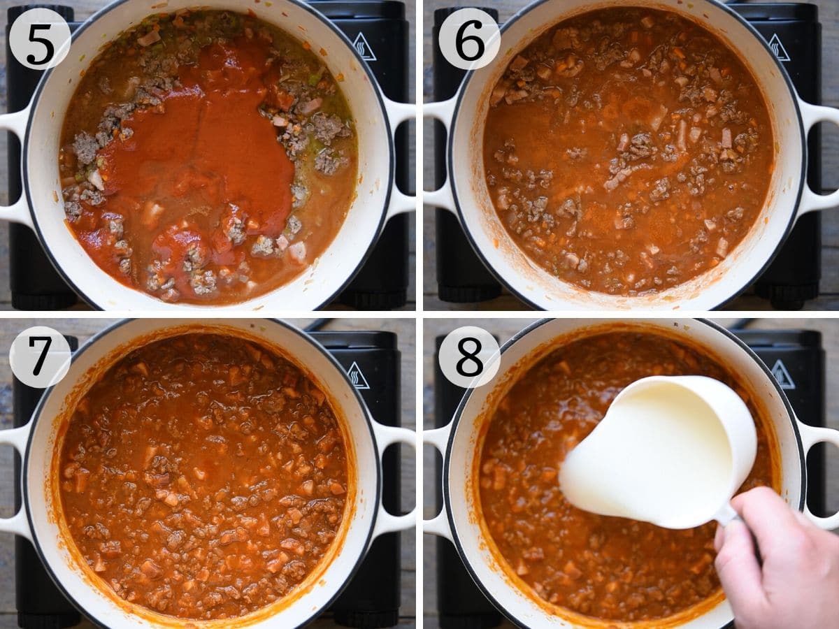 Four photos in a collage showing how to make Bolognese sauce.