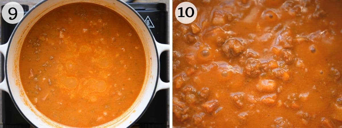 Two photos showing after adding milk to Bolognese sauce.