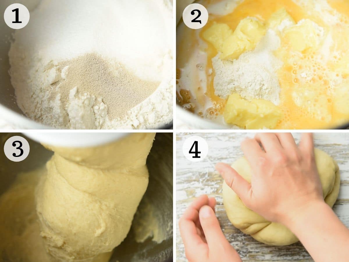 Step by step photos showing how to prepare doughnut dough in a stand mixer