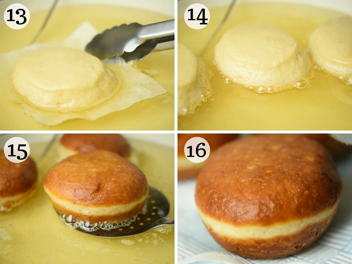 Step by step photos showing how to fry bomboloni doughnuts