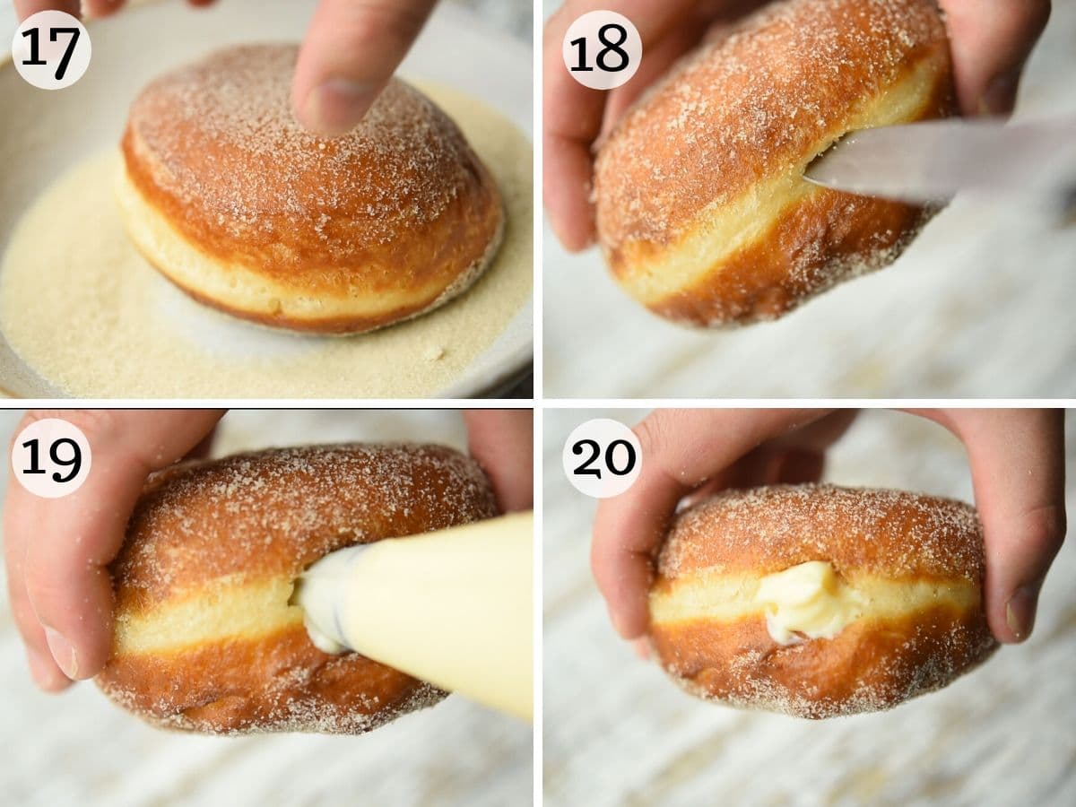 Step by step photos showing how to roll bomboloni in sugar and fill them