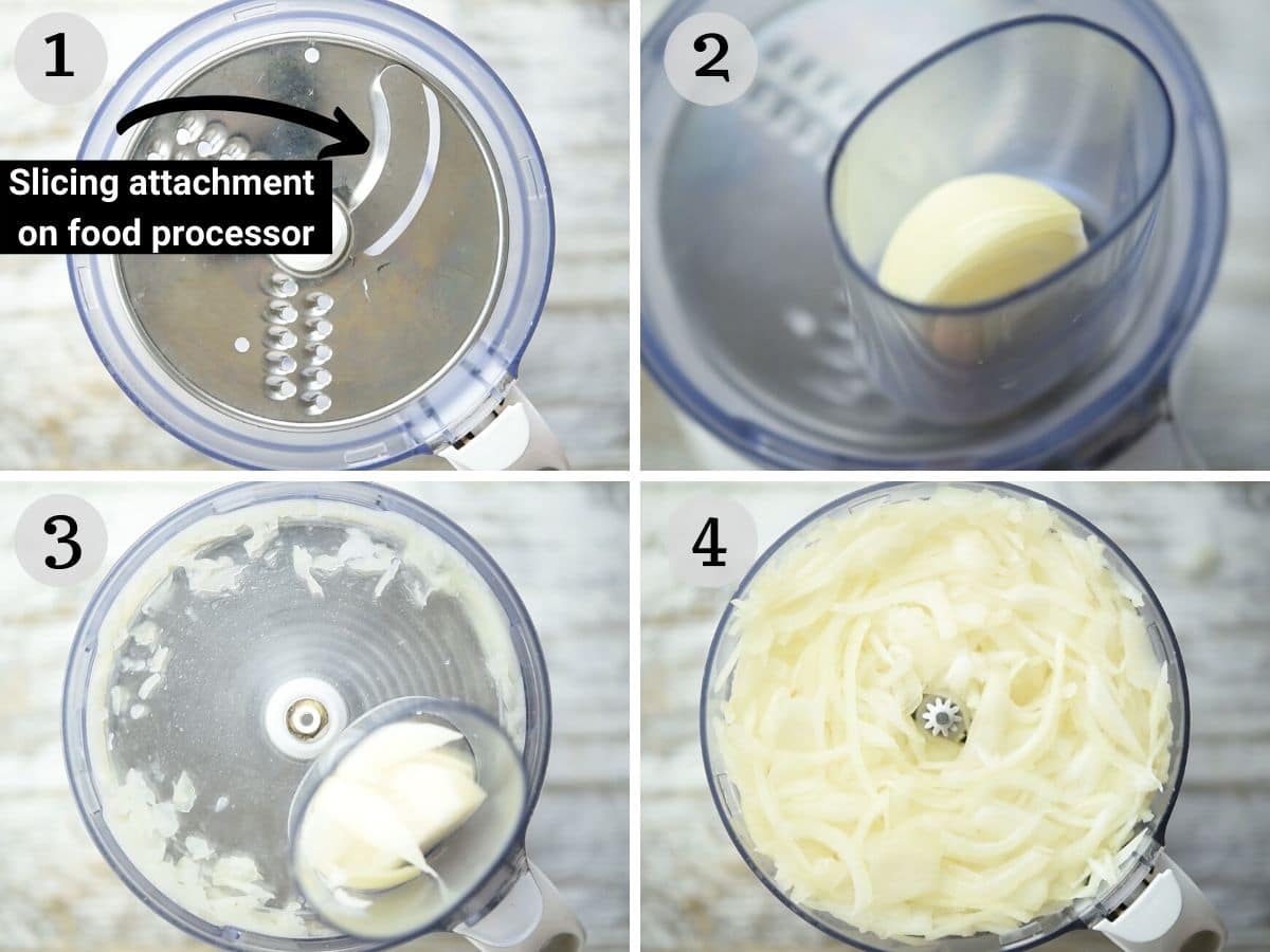 Step by step photos showing how to slice onions in a food processor