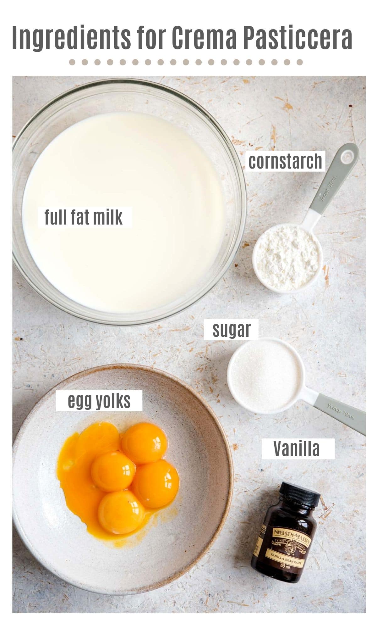 An overhead shot of all the ingredients you need to make Crema Pasticcera (Italian pastry cream)