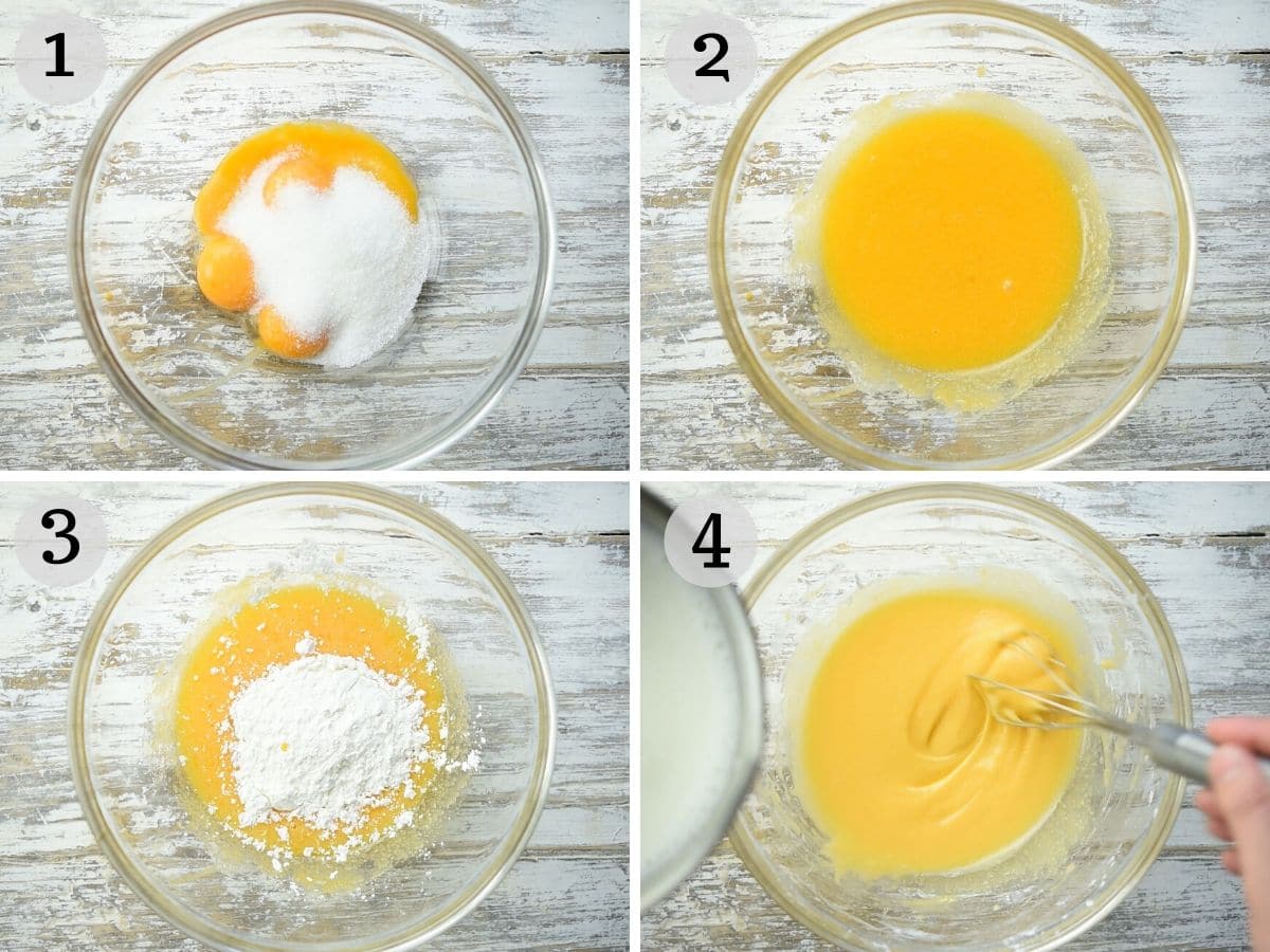 Step by step photos showing mix eggs, cornstarch, sugar and milk together