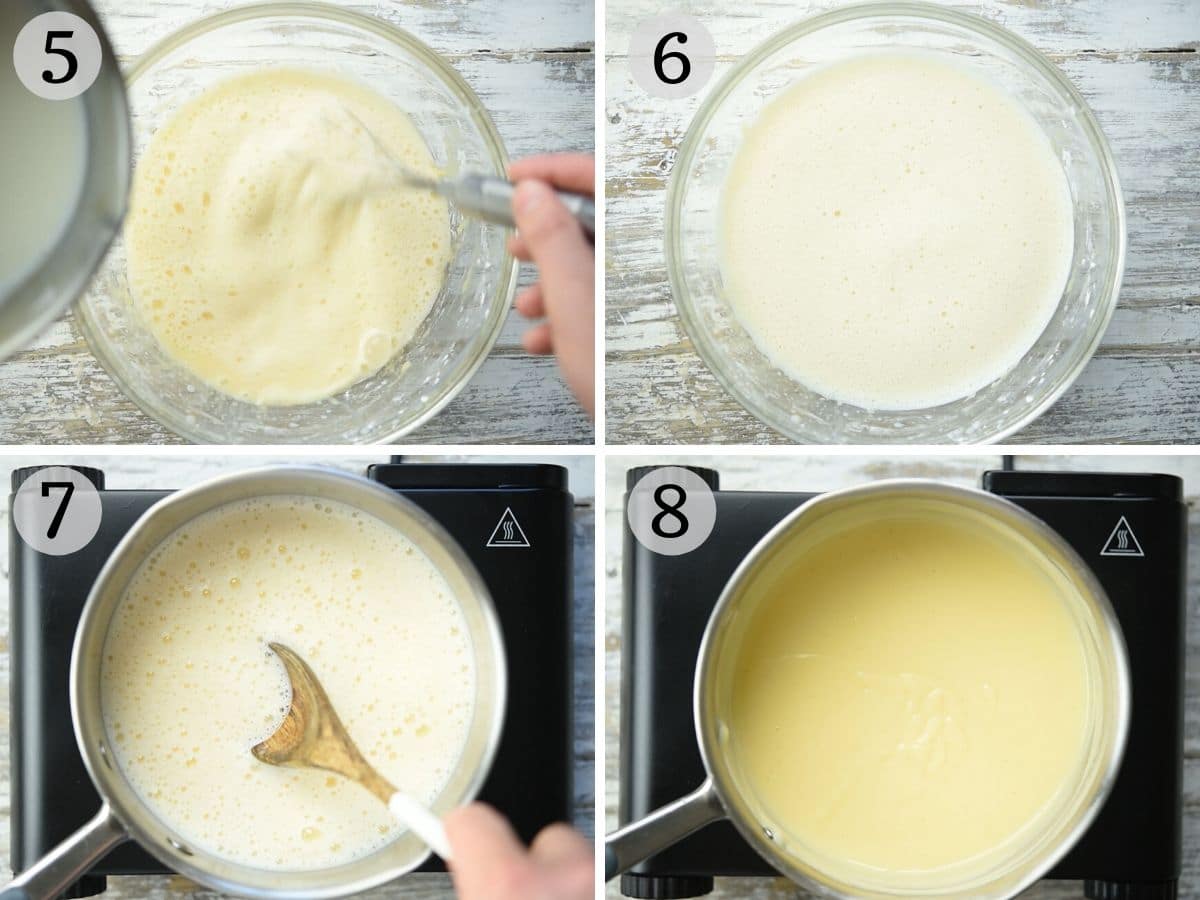 Step by step photos showing how to thicken pastry cream in a saucepan