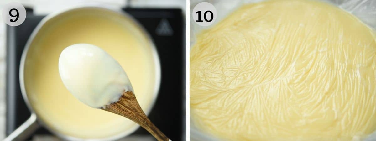 Two photos showing the consistency of pastry cream and with plastic wrap over it