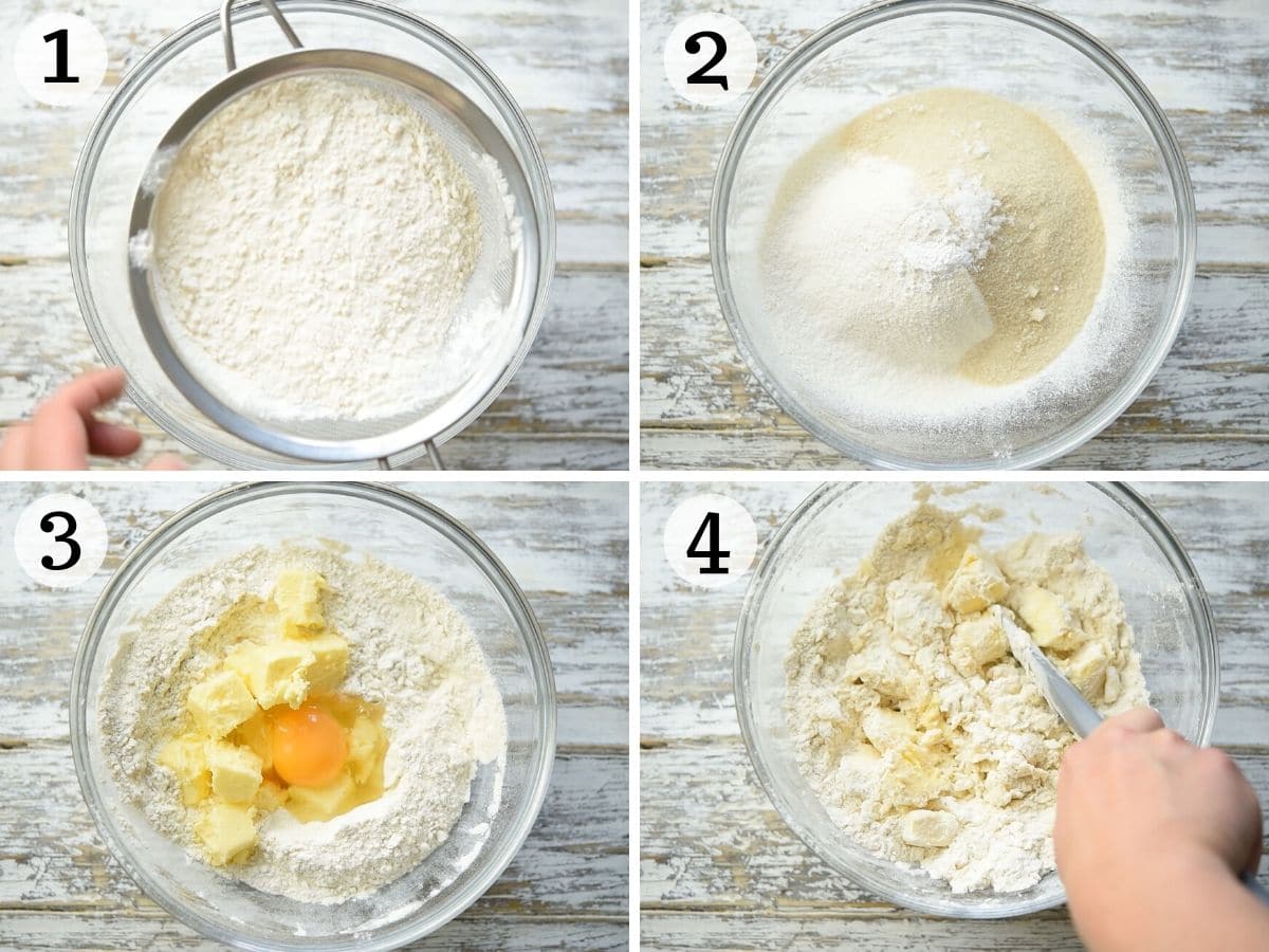 Step by step photos showing the first steps of making shortcrust pastry