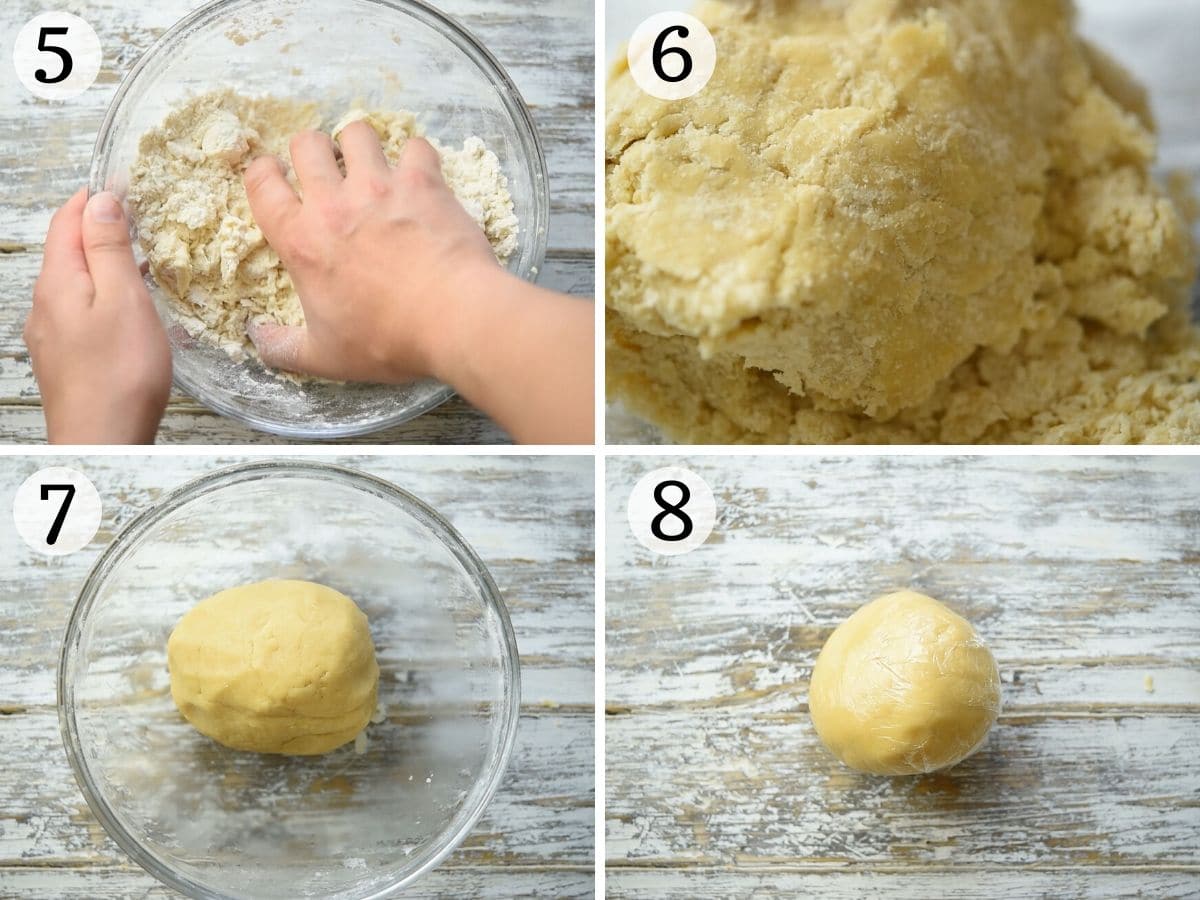 Step by step photos showing how to bring shortcrust pastry together