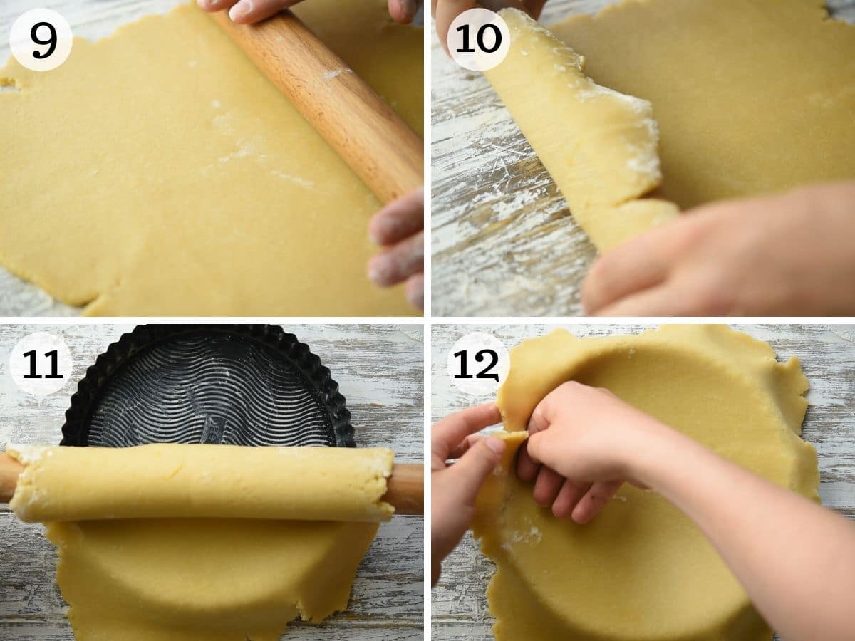 Step by step photos showing how to line a tart pan with pastry