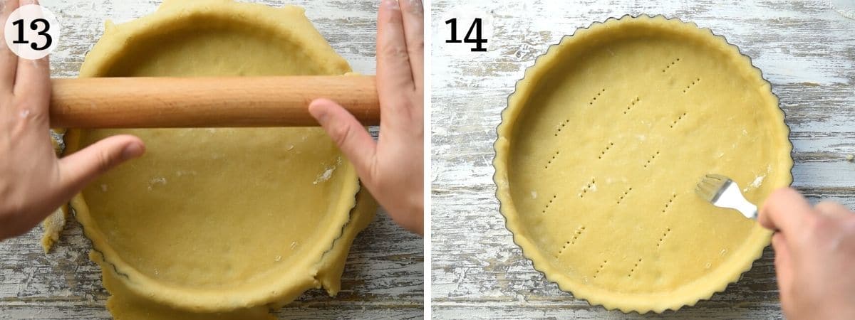 Two photos showing how to prepare a tart base for baking