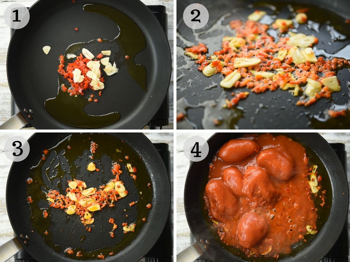Step by step photos showing how to saute garlic and chilli to make a pasta sauce