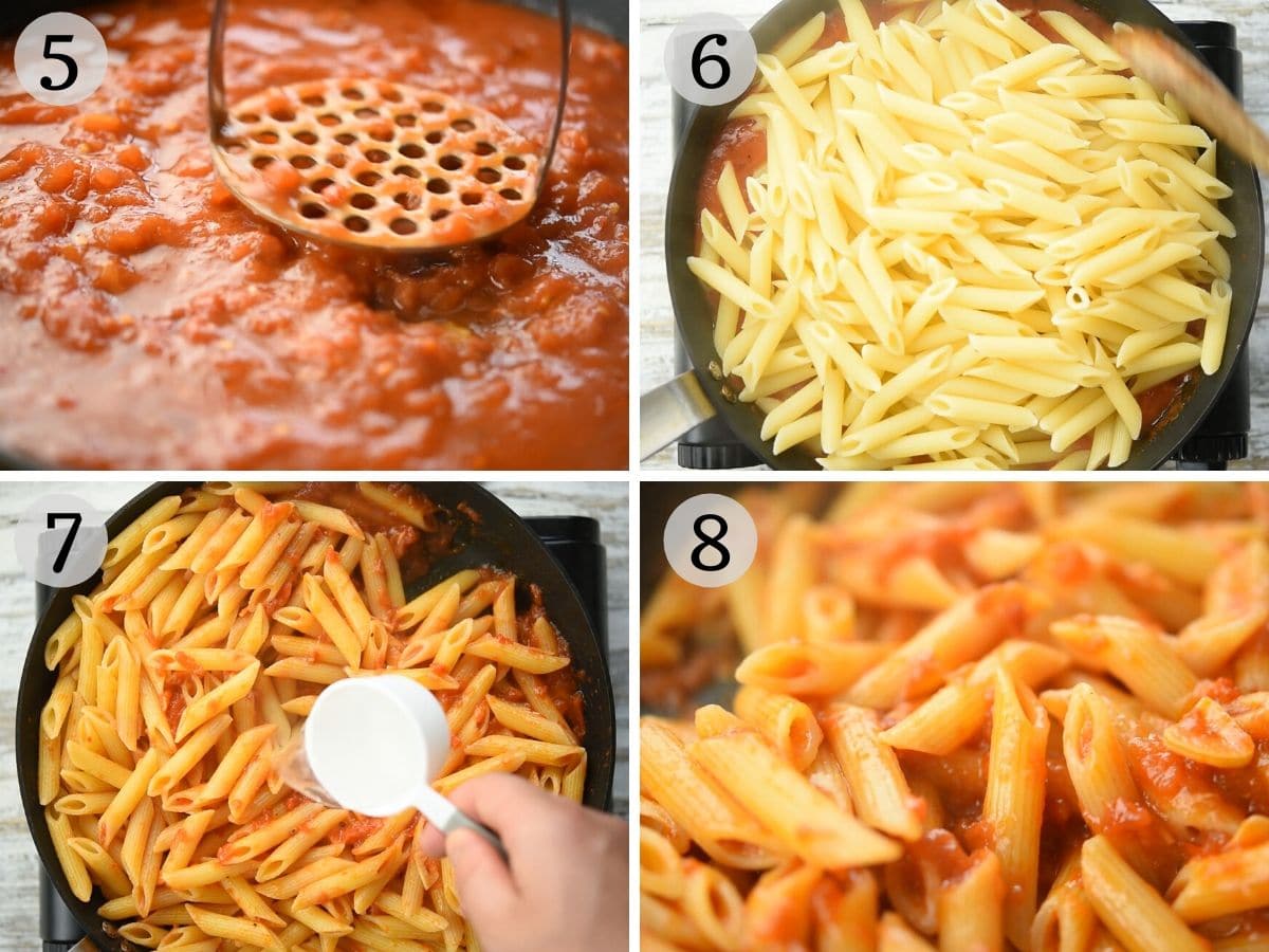 Step by step photos showing how to make penne arrabbiata