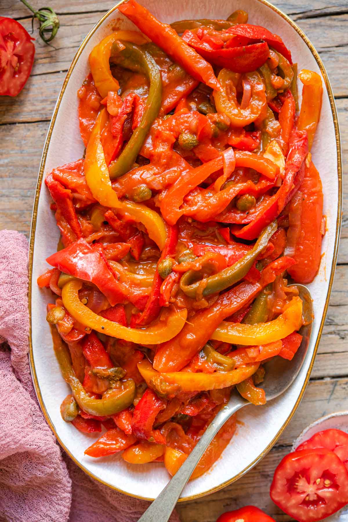 An overhead shot of peperonata on a serving plate