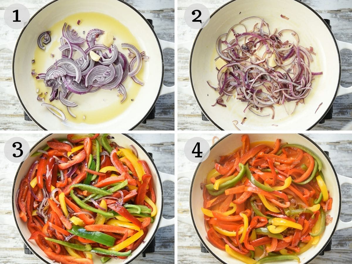 Step by step photos showing how to cook peppers and onions