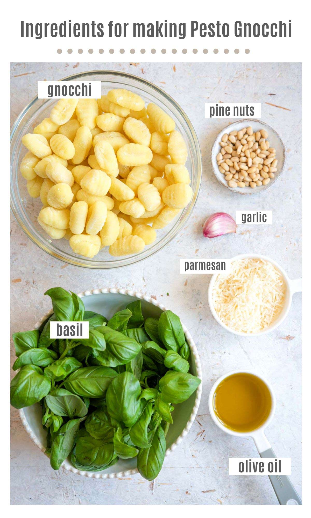 An overhead shot of ingredients needed to make pesto gnocchi