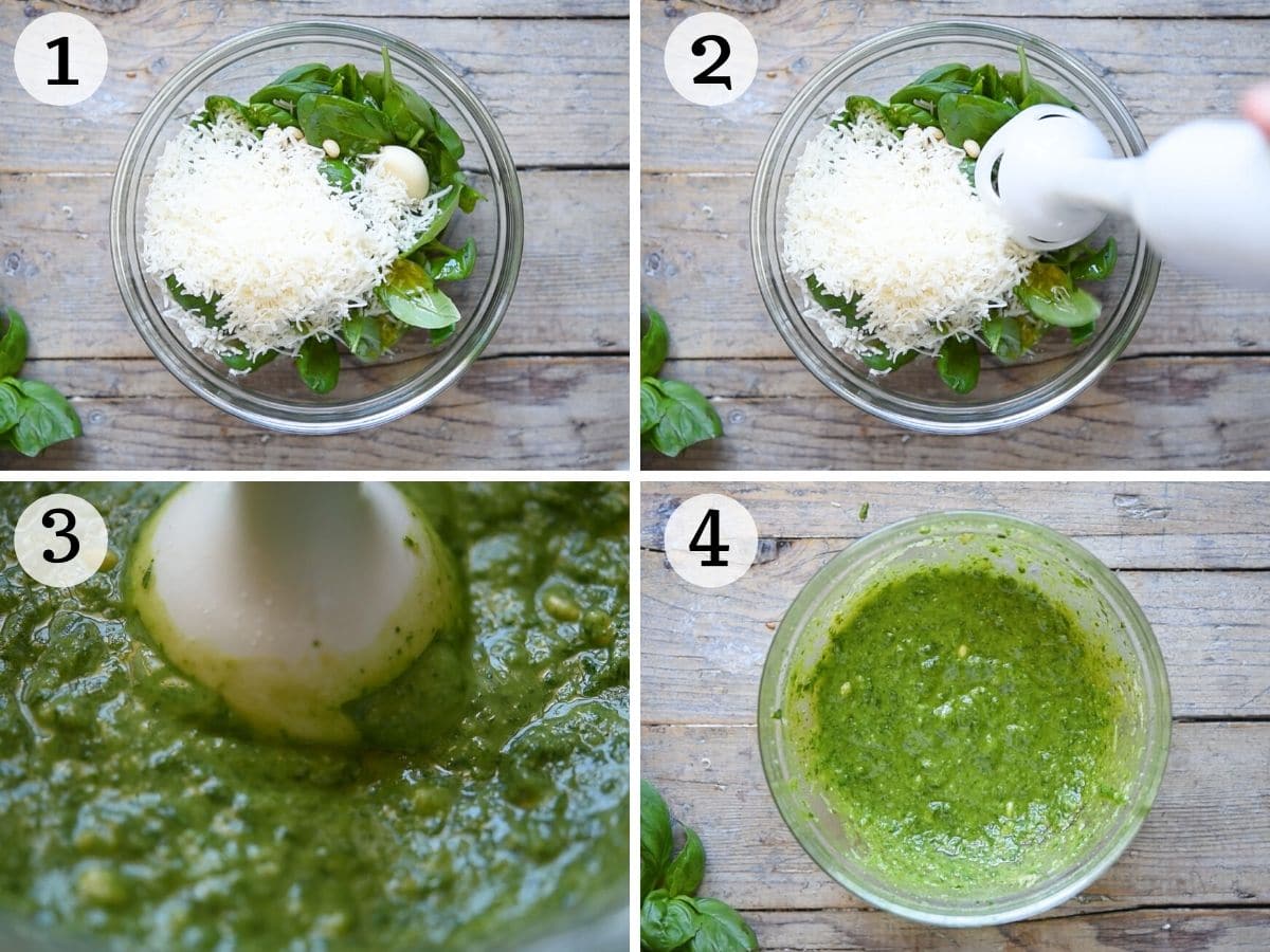 Step by step photos showing how to make basil pesto sauce