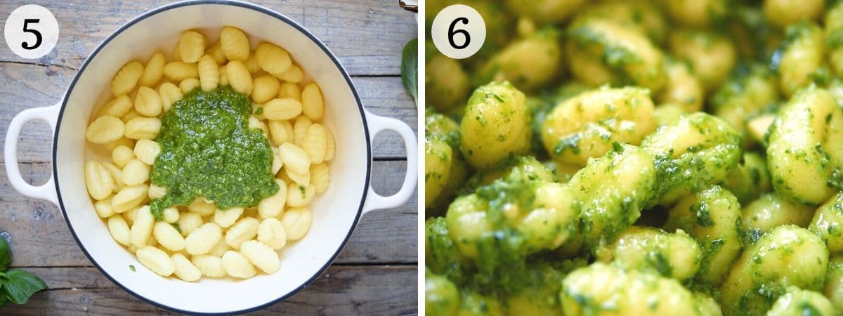 Step by step photos showing how to toss pesto with gnocchi