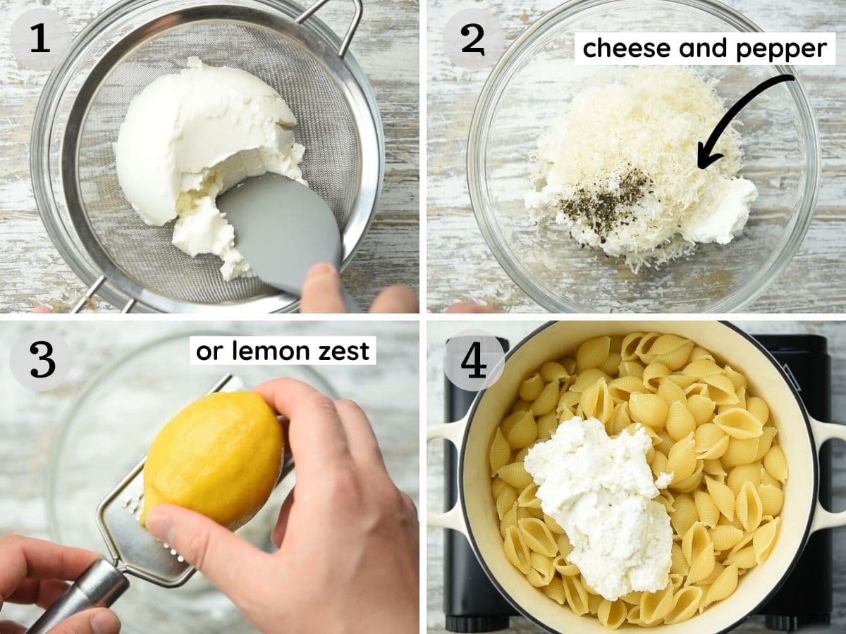 Step by step photos showing how to make ricotta pasta with cheese or lemon