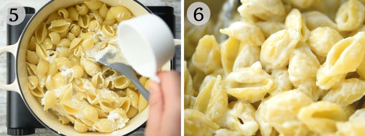 Two photos showing how to emulsify pasta sauce with water for a creamy sauce