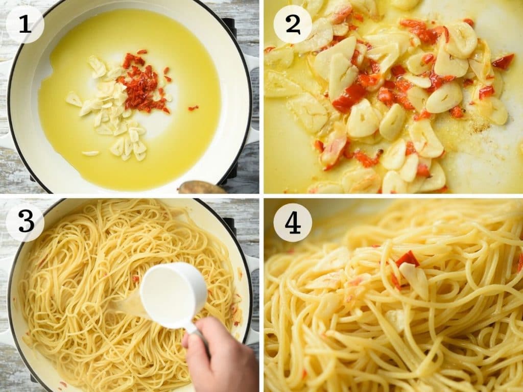 Step by step photos showing how to make Spaghetti Aglio e Olio
