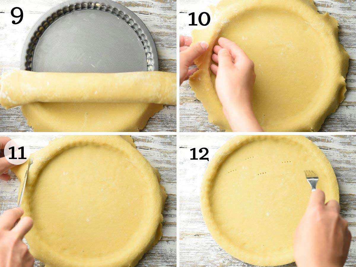 Step by step photos showing how to line a tart pan with pastry