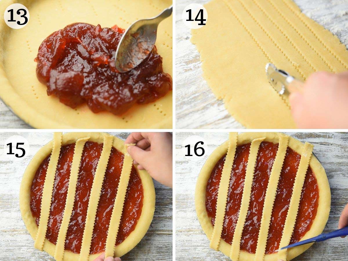 Step by step photos showing how to fill a jam tart and top with pastry
