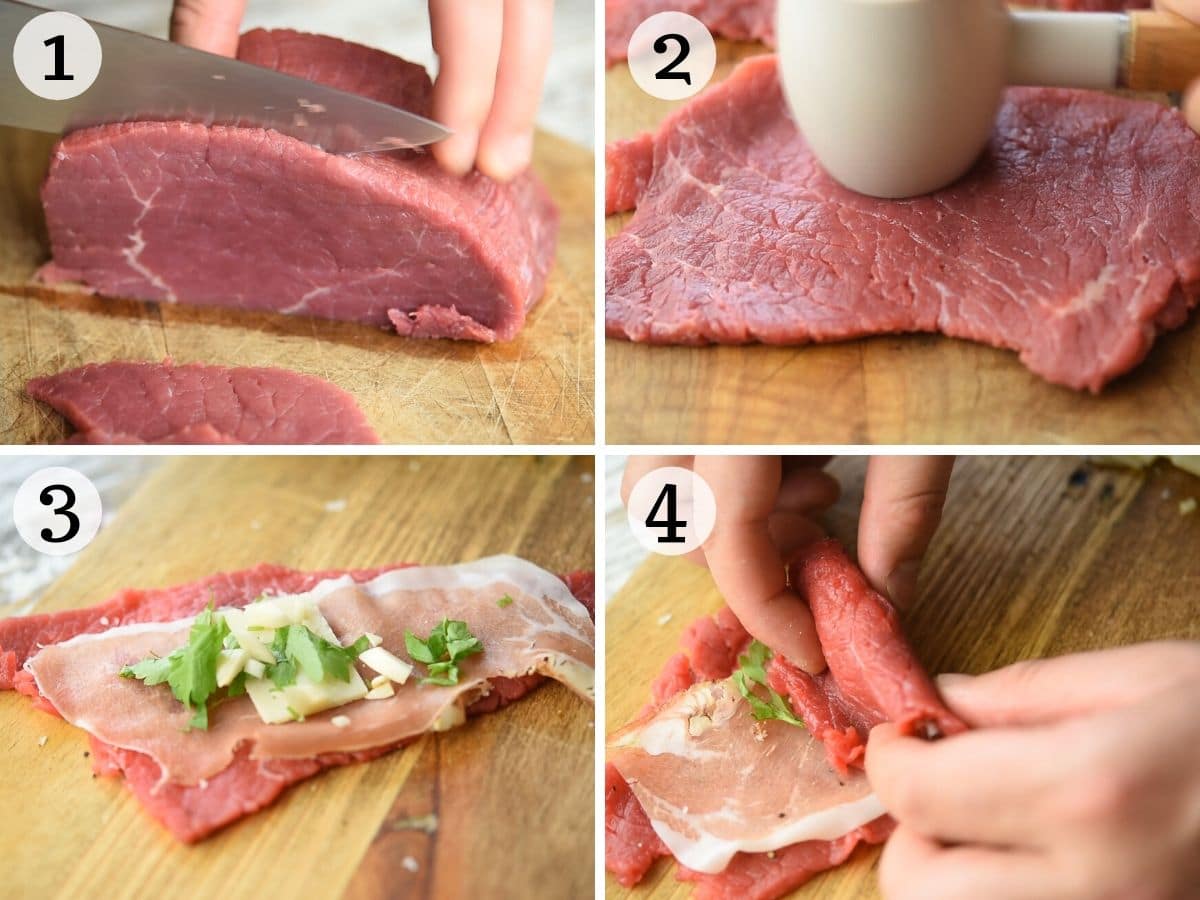 Step by step photos showing how to pound, stuff and roll beef