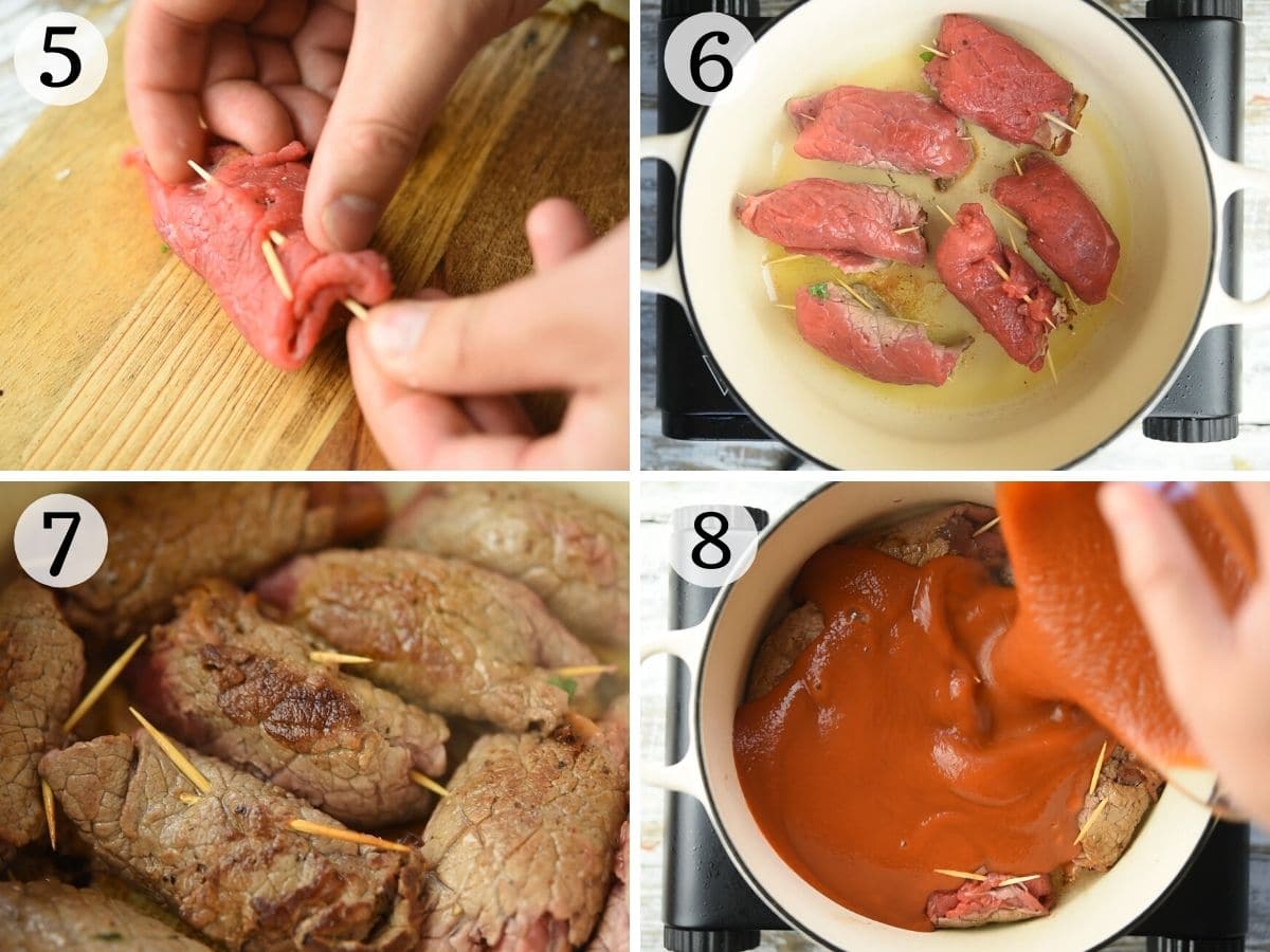 Step by step photos showing how to brown braciole