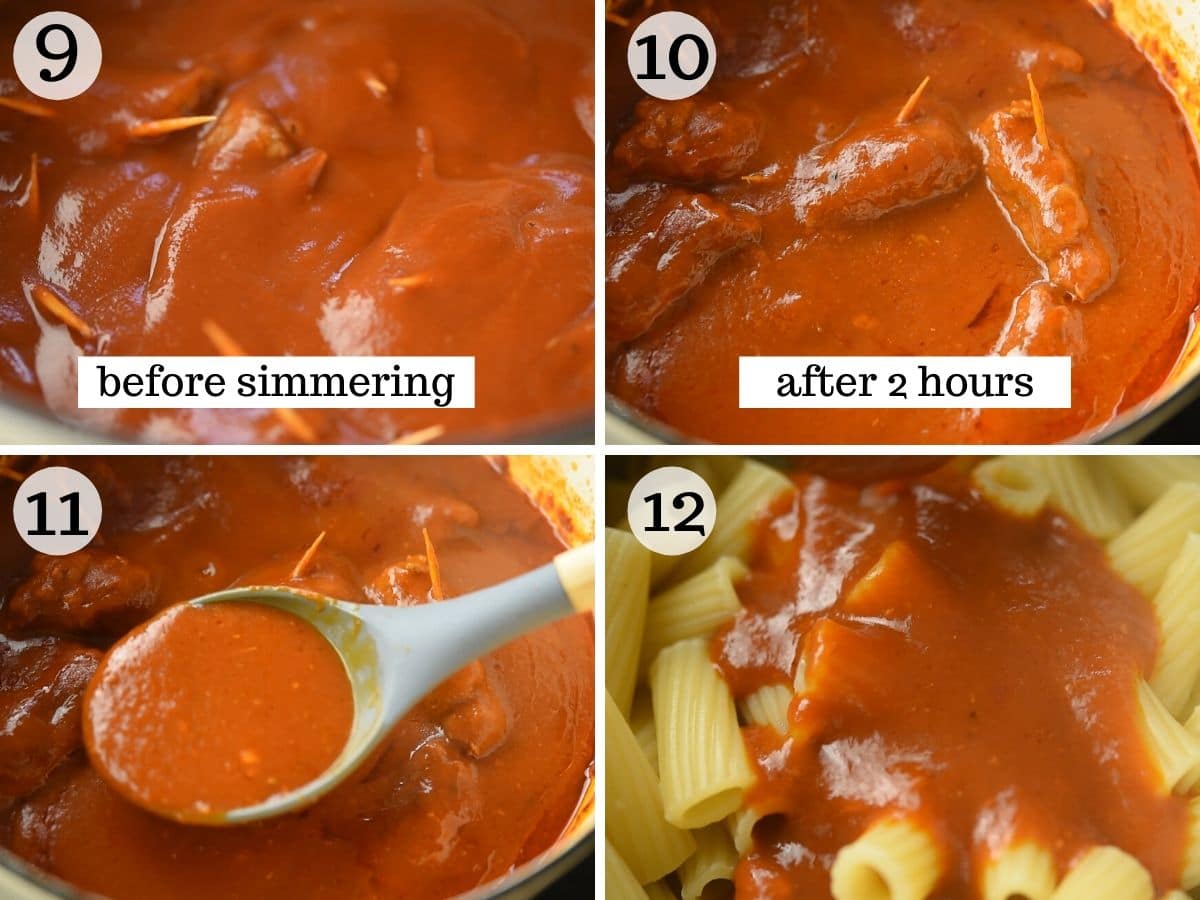 Step by step photos showing what beef braciole look like before and after cooking