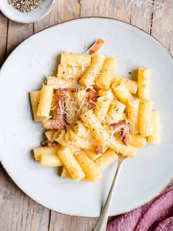 An overhead shot of pasta alla gricia on a plate
