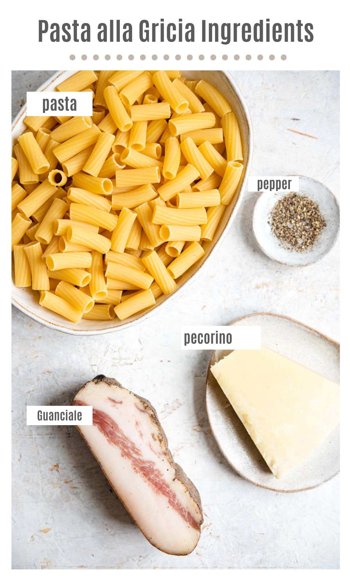 An overhead shot of the ingredients you need to make pasta alla gricia