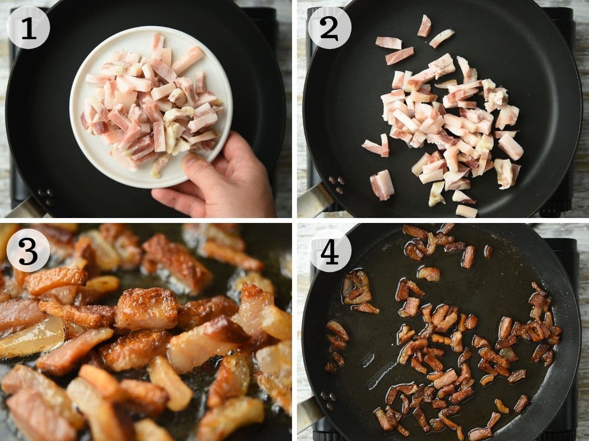 Step by step photos showing how to fry guanciale