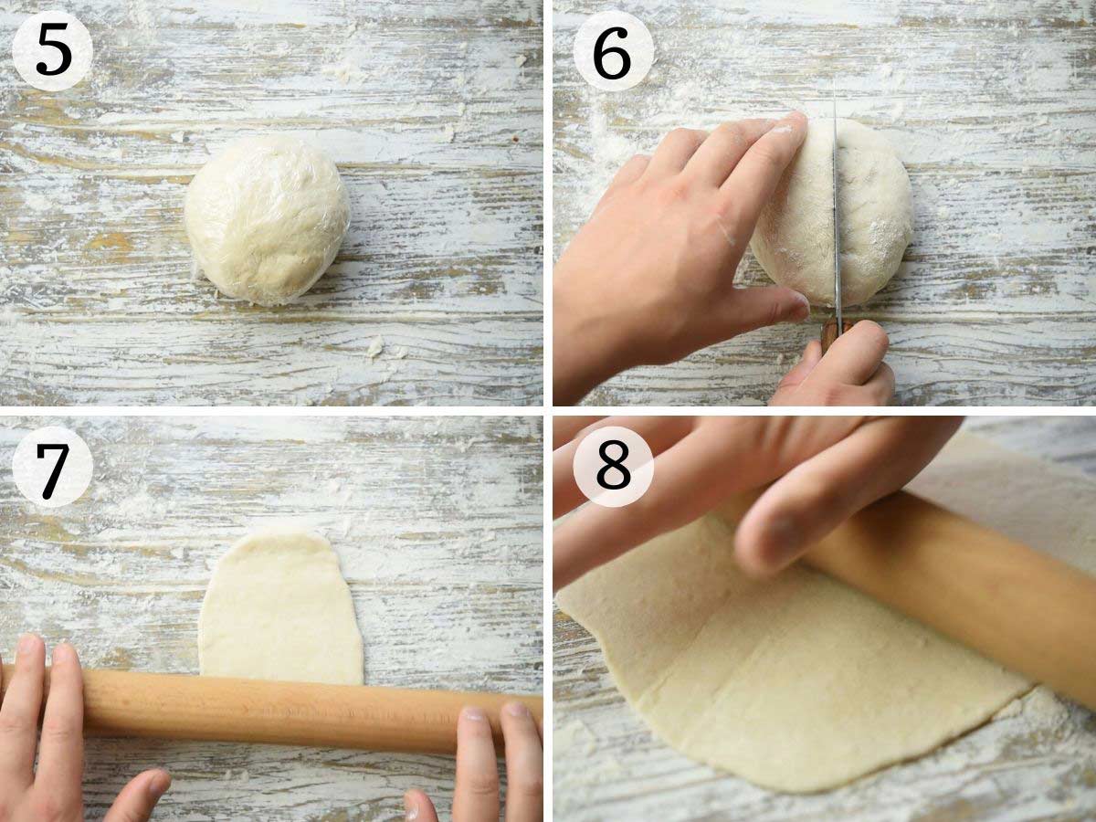 Step by step photos showing how to roll our a piadina flatbread