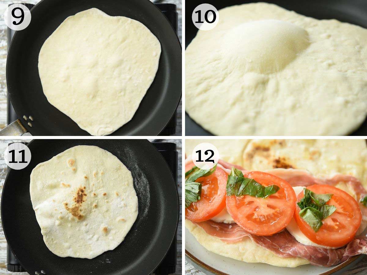 Step by step photos showing how to cook and fill a Piadina flatbread