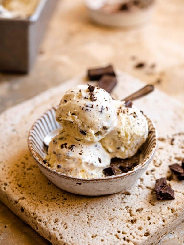 Stracciatella gelato in a rustic dish