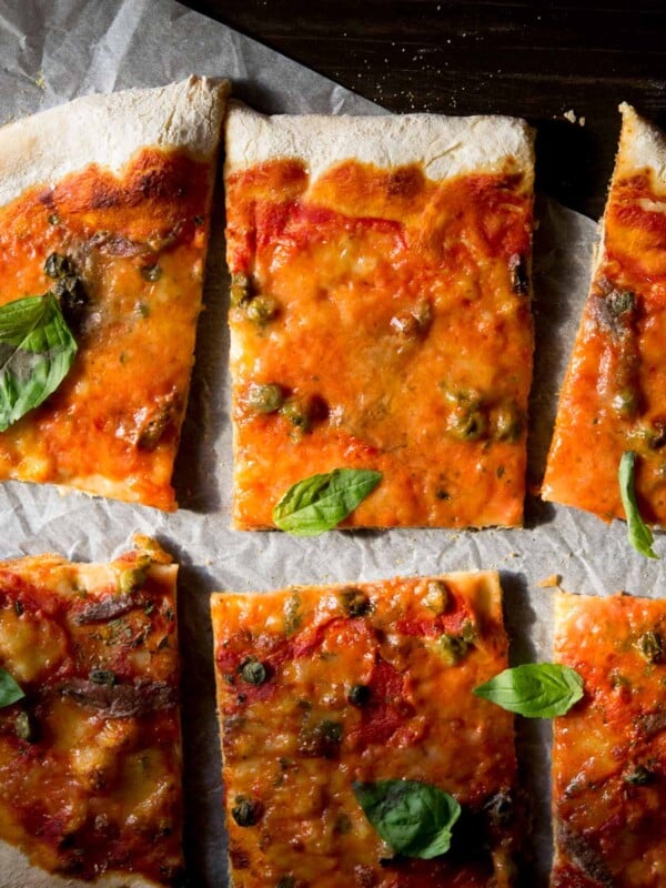 A close up of anchovy pizza (pizza napoli) with capers