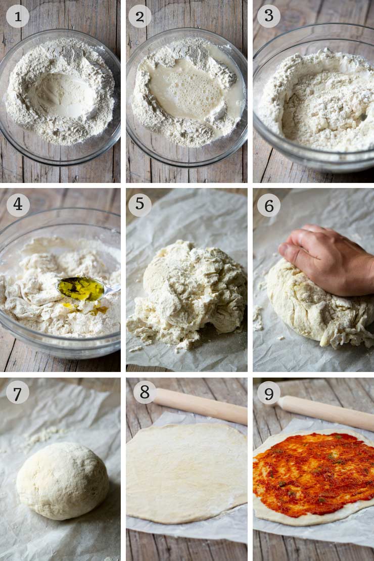 Step by step photos showing how to make yeast free pizza dough