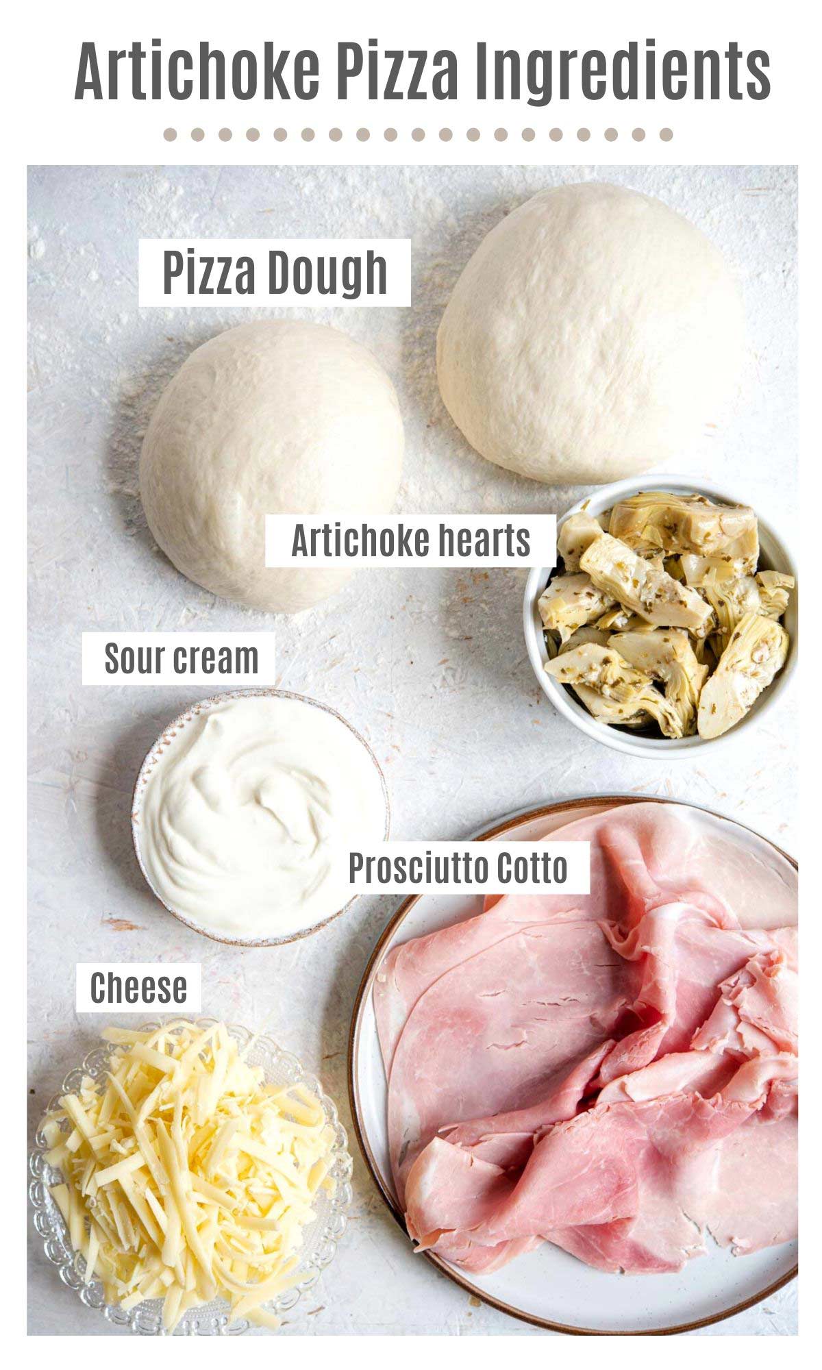 An overhead shot of all the ingredients you need to make artichoke pizza