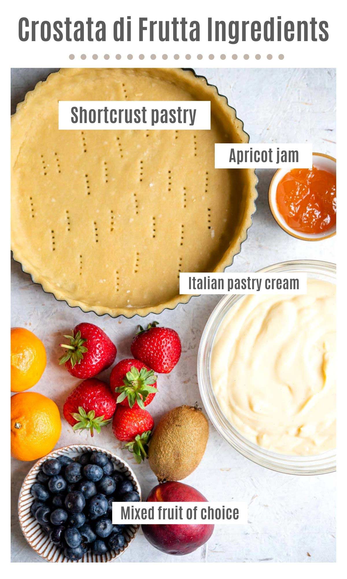 An overhead shot of the ingredients you need to make a crostata di frutta (Italian fruit tart)