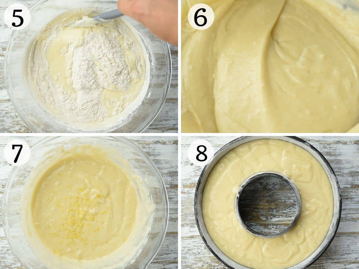 Step by step photos showing what the cake batter should look like