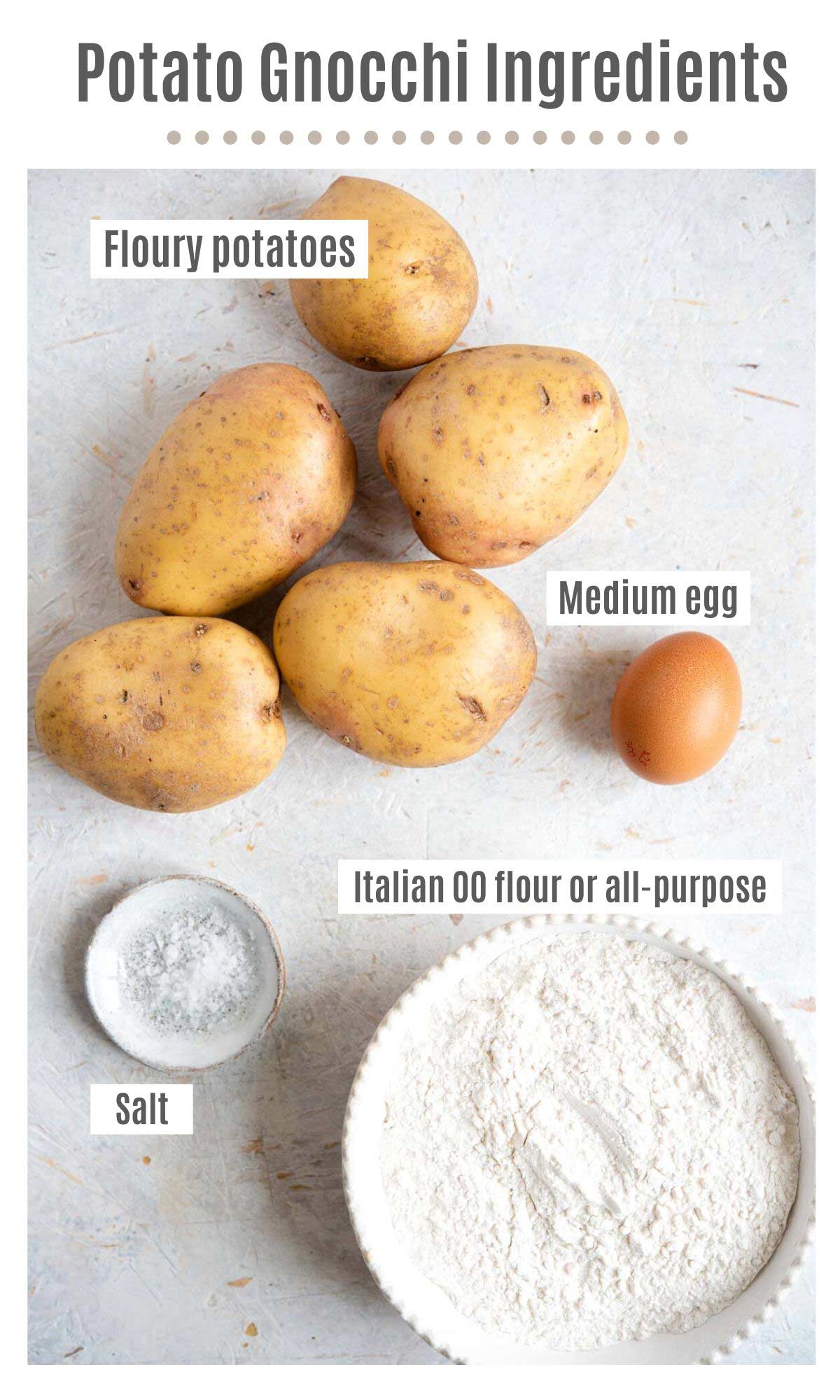 An overhead shot of all the ingredients you need to make potato gnocchi