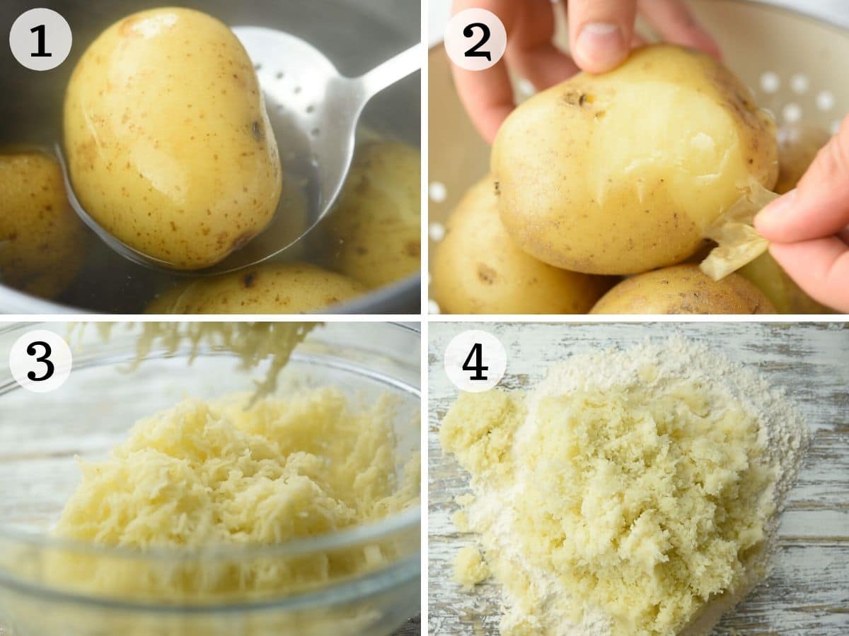Step by step photos showing how to cook and peel potatoes to make gnocchi