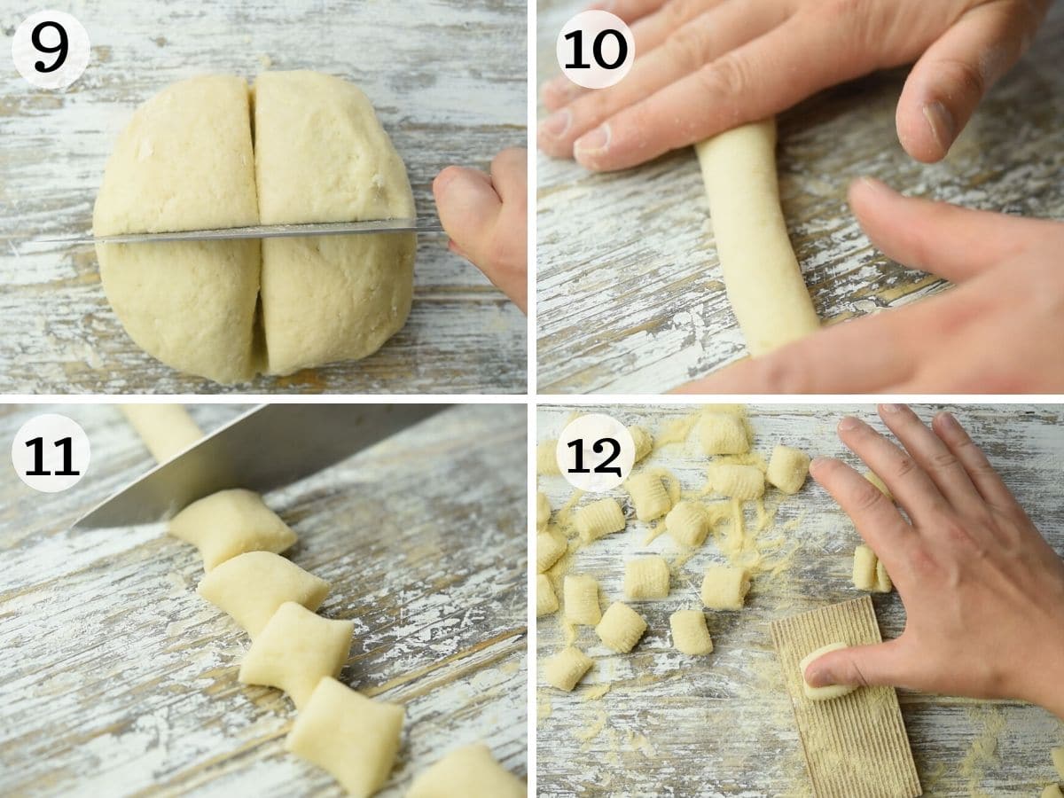 Step by step photos showing how to cut and shape potato gnocchi
