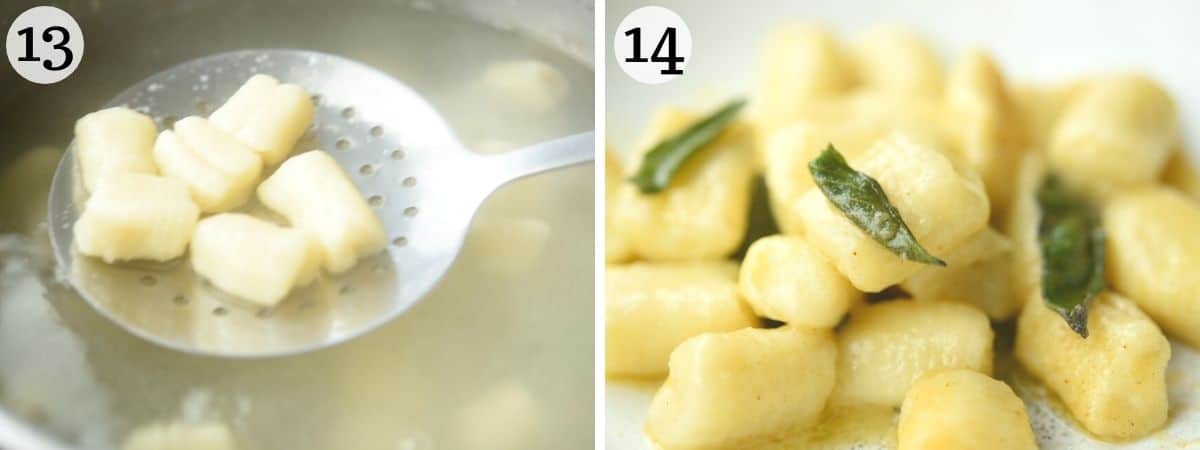 Two photos showing how to remove cooked potato gnocchi