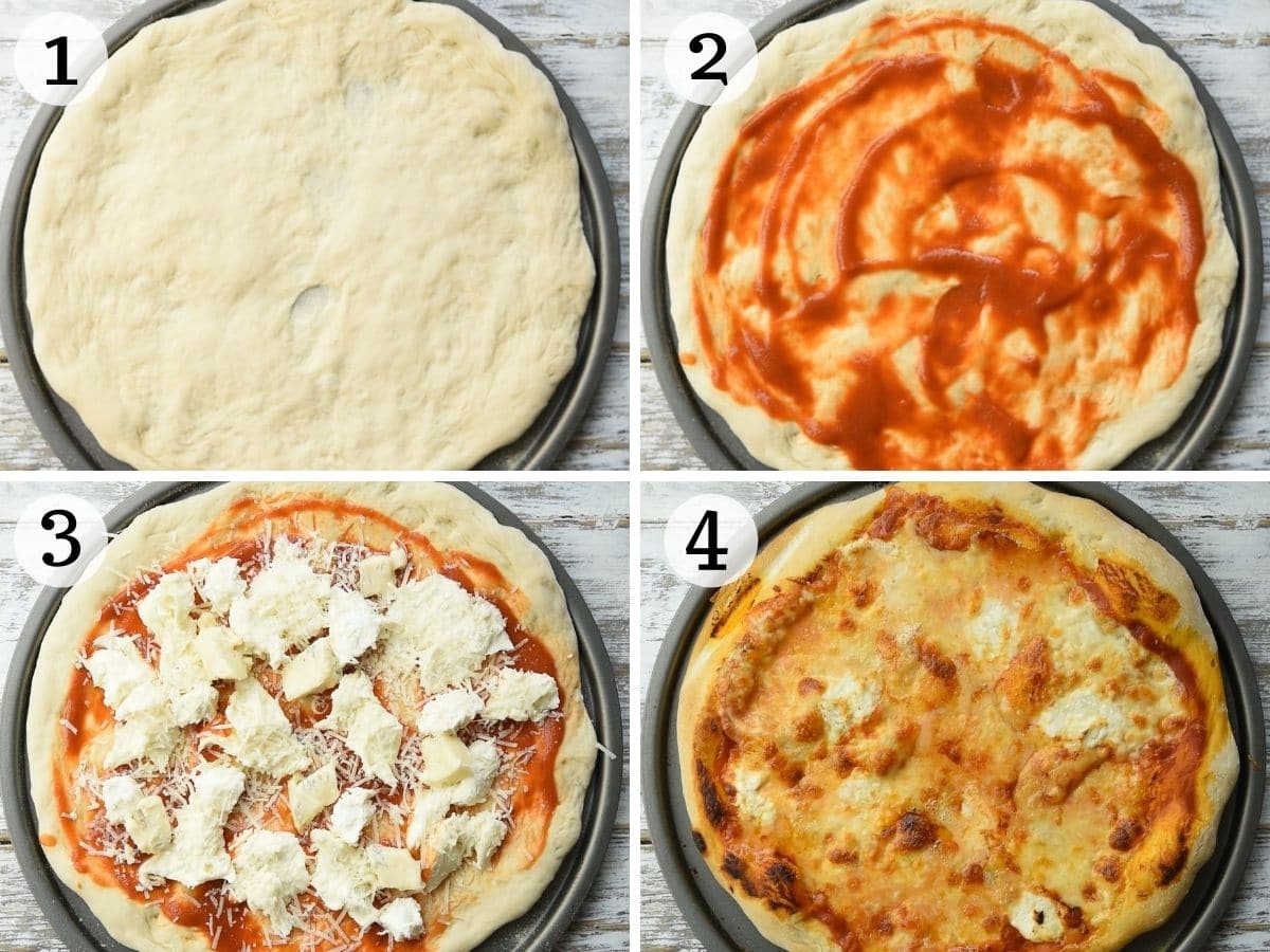 Step by step photos showing how to make quattro formaggi pizza