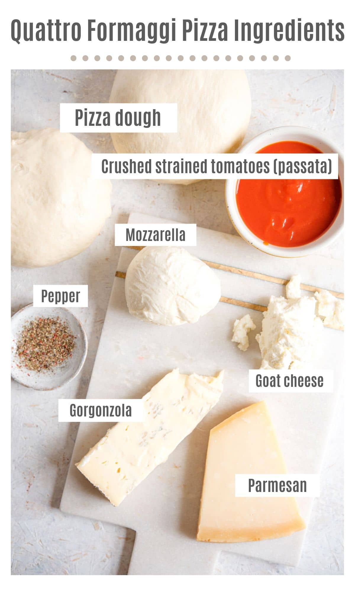An overhead shot showing all the ingredients you need to make Quattro Formaggi pizza