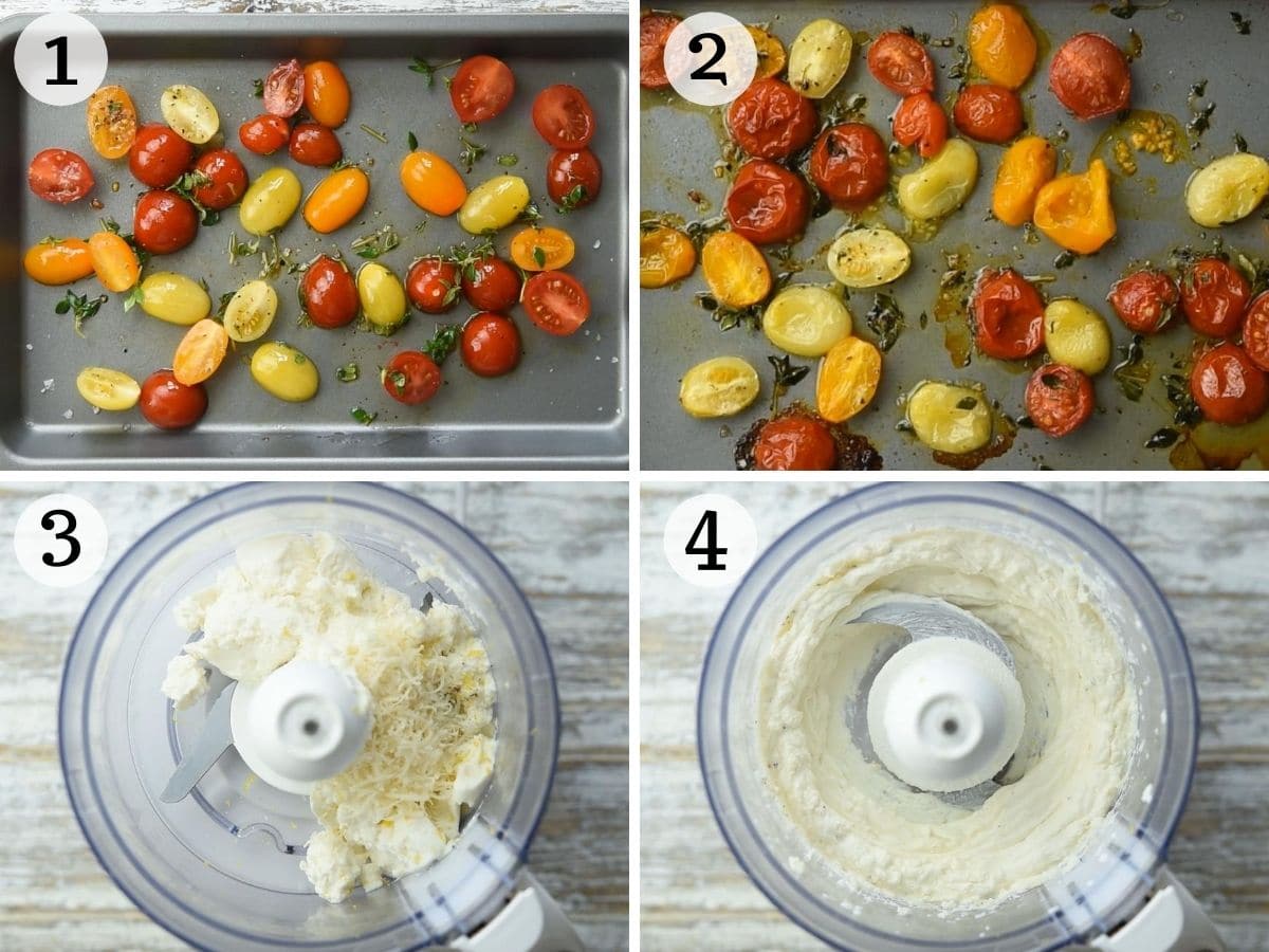 Step by step photos showing how to make a whipped ricotta dip with roasted tomatoes